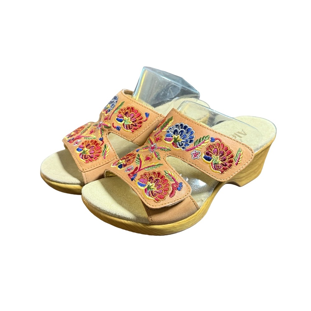 Alegria Women Floral Embroidered Leather Wedge Sandals Tan Wood 35 US 5-5.5 NEW